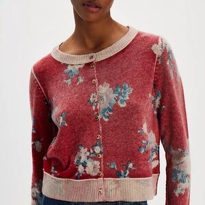 Free People Dusty Rose Floral Cardigan with Teal Accents